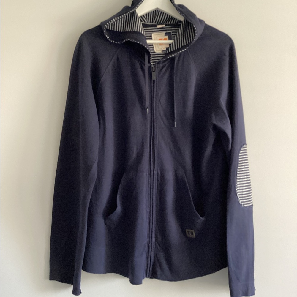 Hugo Boss Orange Navy Zip-Up Hoodie with Elbow Patches, Size M